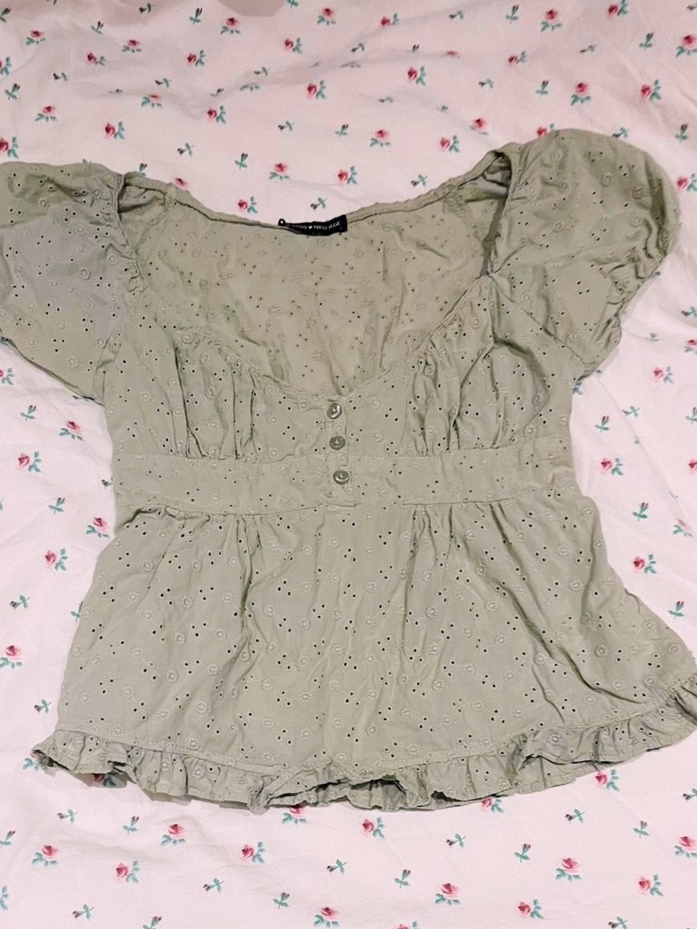 Brandy Melville Light Olive Eyelet Peplum Top